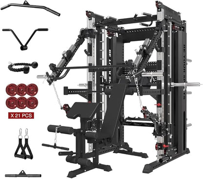 FAGUS Commercial Smithe Machine with Dual Weight Stacks, Power Cage Squat Rack with Lever Arm & Leg Press Attachment, Multi-Function Linear Bearing Cable Crossover Machine for Home Gym