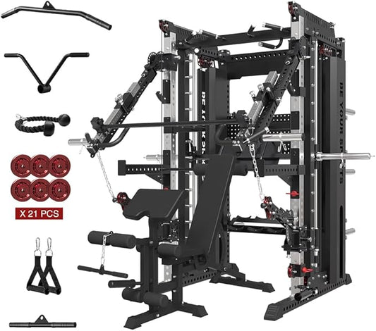 FAGUS Commercial Smithe Machine with Dual Weight Stacks, Power Cage Squat Rack with Lever Arm & Leg Press Attachment, Multi-Function Linear Bearing Cable Crossover Machine for Home Gym