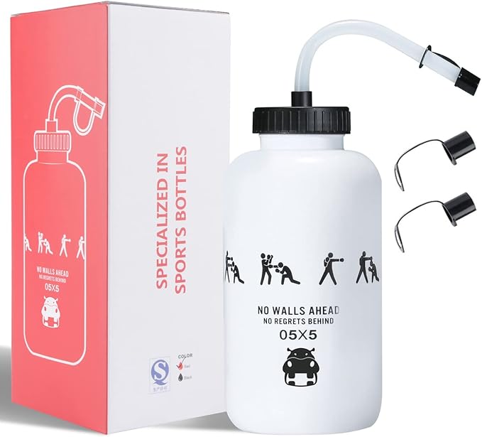 SHOKE Hockey Water Bottle with Long Straw 1 Liter Water Bottles BPA Free Boxing Lacrosse Water Bottle Squeezable for Sports Goalie Boxing Football Golf Gym Baseball Cycling Fitness Yoga 32 Oz-White