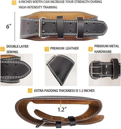 Leather Weight lifting Belt for Men - 6 Inch Padded Lumbar Back Support Belts, Workout Waist Brace for Weightlifting Powerlifting Deadlifts Squat Strength Training Fitness