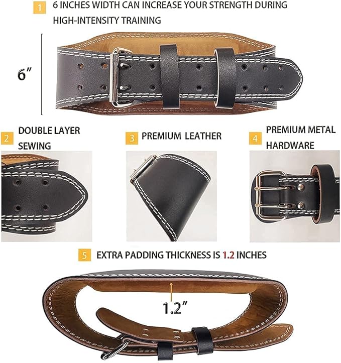 Leather Weight lifting Belt for Men - 6 Inch Padded Lumbar Back Support Belts, Workout Waist Brace for Weightlifting Powerlifting Deadlifts Squat Strength Training Fitness