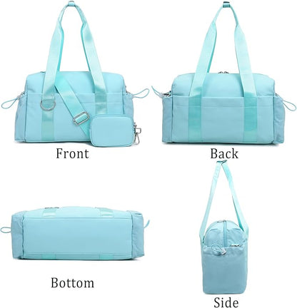 Everyday Mini Gym Bag for Women 2.0, Small Tote with Zipper Compartment Waterproof Travel Duffle Cute Handbag Workout Carry On with Removeable Shoulder Strap & Coin Wallet Easy to Clean - Blue