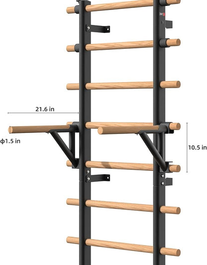 DHT Wood Stall Bar, Swedish Ladder Suspension Trainer with 9 Strategic Rods, for Home, Gym, School and Clinics, Black