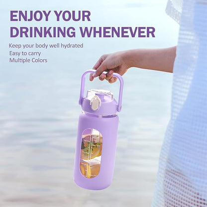 kytffu 42oz Glass Water Bottles with Straw, Motivational Glass Bottle with Silicone Sleeve and Time Marker, Leakproof Large Glass Water Jug for Gym Home Office,Purple