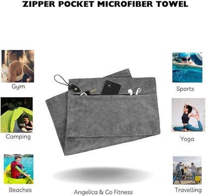 Angelica & Co Microfiber Fast Drying Gym Towel with Phone Pocket, Zipper, Fitness, Pilates, Yoga Mat Cover, Bench Cover, Camping - Purple L