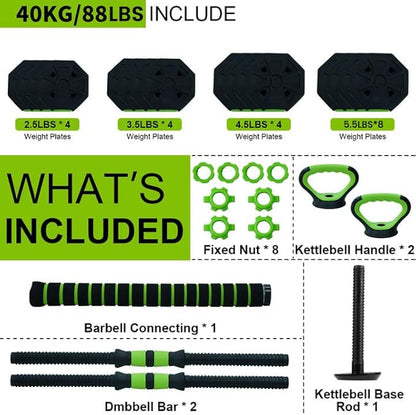 Adjustable Dumbbell Set, 30/44/66/88Lbs Free Weight Set with Connector, 4 In1 Dumbbells Set Used As Barbell, Kettlebells, Push Up Stand,Green and Black