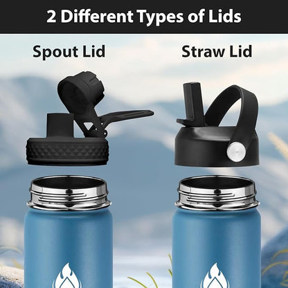 SENDESTAR Water Bottle 32oz Double Wall Vacuum Insulated Leak Proof Stainless Steel Sports Water Bottle—Wide Mouth with New Flex Straw Lid & Spout Lid (Deep Blue&Black)