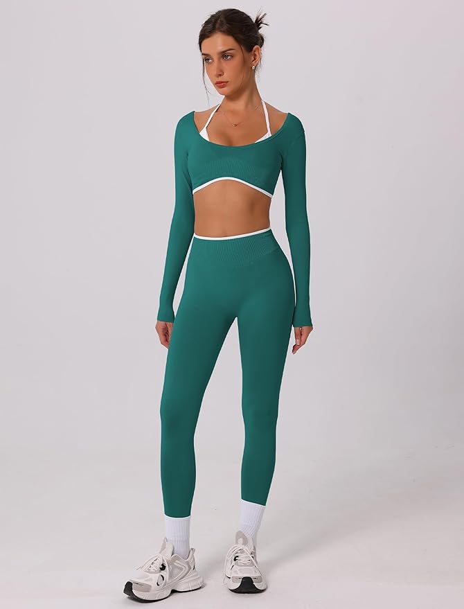 ABOCIW Workout Sets for Women Long Sleeve Crop Top Scrunch Butt Lifting High Waist Leggings 2 Piece Gym Yoga Outfits