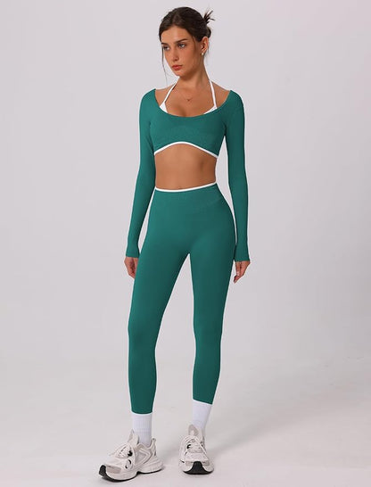 ABOCIW Workout Sets for Women Long Sleeve Crop Top Scrunch Butt Lifting High Waist Leggings 2 Piece Gym Yoga Outfits