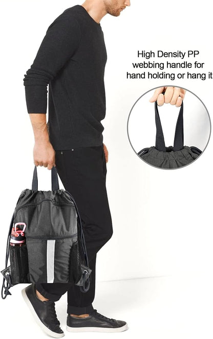 BeeGreen Drawstring Backpack Bag with Shoe Compartment, X-Large Black Gym Sports String Cinch Backpack