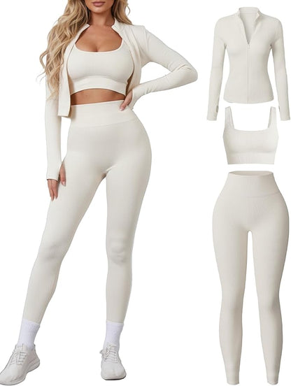 Women 3 Piece Seamless Workout Set Sports Bra High Waisted Gym Yoga Leggings Zip Up Jacket with Thumbhole Activewear