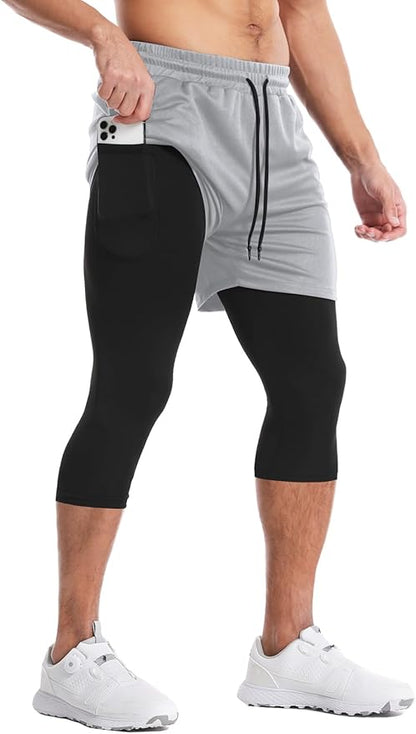 Aolesy Men's 2 in 1 Running Pants, Gym Workout Compression Pants for Men Training Athletic