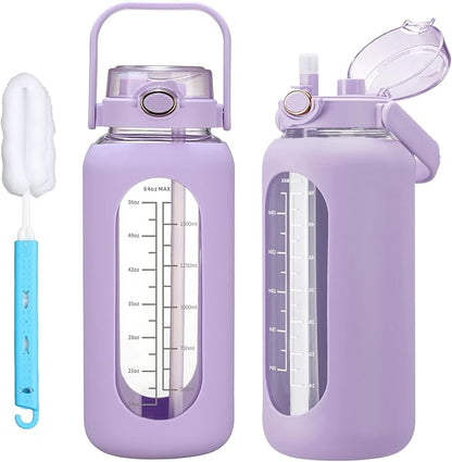 64oz Glass Water Bolttles with Straw Half Gallon Large Motivational Water Bottle with Time Marker Sports Water Bottles with Silicone Sleeve and Handle Lid Water Jug for Gym Workout