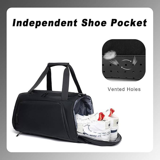 Gym Bag for Men Women 2-in-1 Carry Modes Waterproof Duffle Bag with Shoes Compartment and Wet Pocket Multipurpose Sports Weekender Bags for Travel, Sports, Fitness and Workout,Black