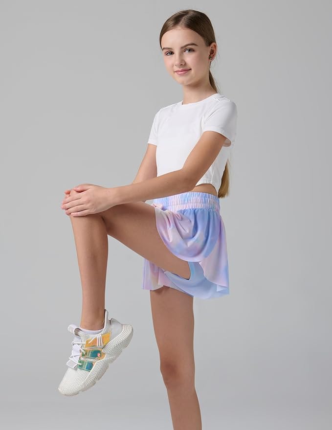 3 Pack Girls Flowy Shorts with Spandex Liner 2-in-1 Youth Butterfly Skirts for Fitness, Running, Sports