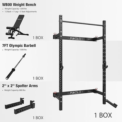 Mikolo 2" x 2" Folding Wall Mounted Squat Rack, 1000 Pounds Capacity Power Rack with Pull Up Bar, J Hooks and Other Attachments, Space-Saving Home Gym