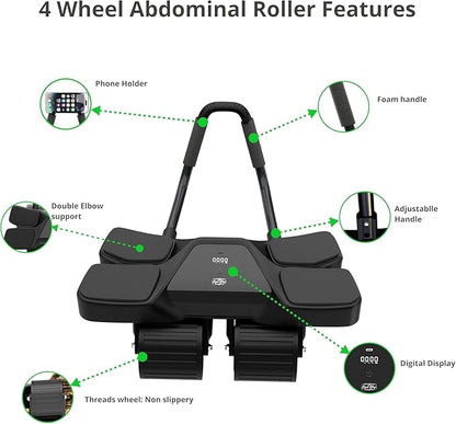Ab Roller Home Gym Equipment – 4 Wheels Ab Wheel Muscle Roller with LCD Screen, Yoga Stretching Strap, 3 Resistance Bands – Comfortable Elbow Support with Non-Slip Handles – Time and Calorie Count