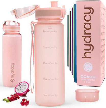 Hydracy Water Bottle with Time Marker -Large BPA Free Water Bottle & No Sweat Sleeve -Leak Proof Gym Bottle with Fruit Infuser Strainer & Times to Drink -Ideal for Fitness Sports & Outdoors