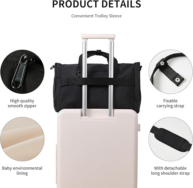 Aji Foldable Travel Duffel Bag for Women with Shoes Compartment, 3 in 1 Carry on Gym Bag with Removable Dry Wet Bag, Lightweight&Water Resistant Duffel Bag for Travel,Sports&Workout, Ink Black