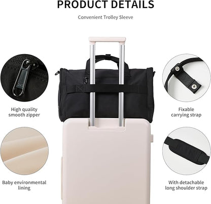 Aji Black Foldable Gym Bag for Women Men with Shoes Compartment, 3 in 1 Carry on Travel Duffel Bags with Trolley Sleeve, Lightweight & Water Resistant Gym Bag for Travel, Sports, Fitness&Workout