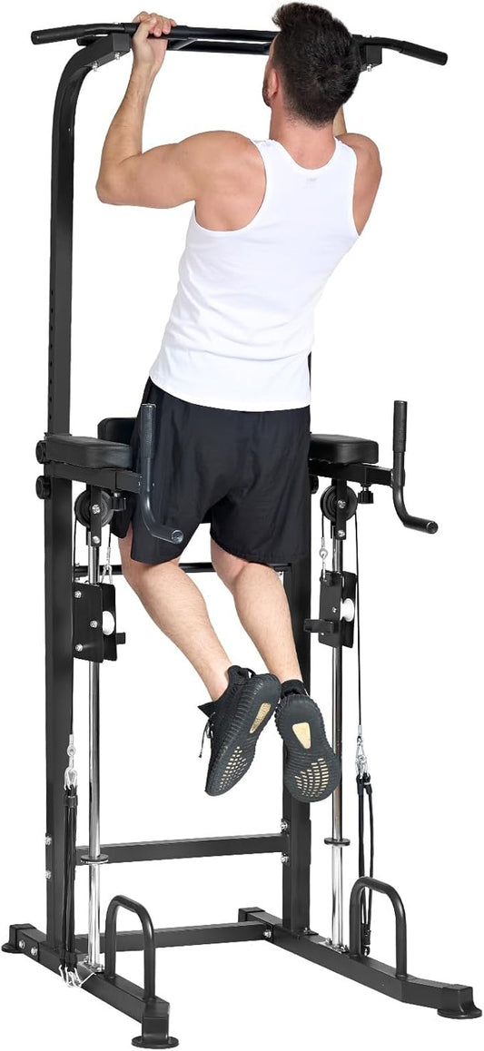 SogesGame Power Tower pull up dip station,Multi Function Adjustable Height Pull Up Bar of Assisted Pad,Strength Training Exercise Equipment with Elastic Rope for Home Gym Workout,330 Lbs