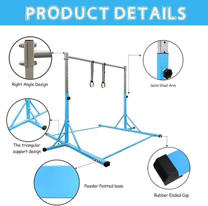 Gymnastics Bar for Kids Girls Ages 3-15 with Ring for Home Indoor Training Equipment- Steady Steel Construction, Anti-Slip, Easy to Assemble, 3' to 5' Adjustable Height