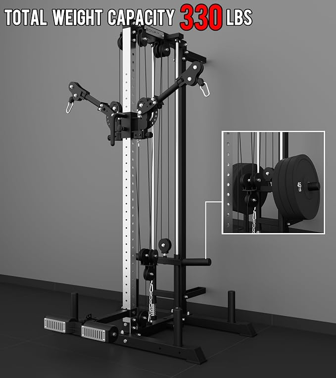Eonfit Cable Machine for Home Gym, LAT Pulldown Cable Crossover Machine Workout Station Pulley System Tower with Leg Holder, LAT Bar, Foot Board Accessories