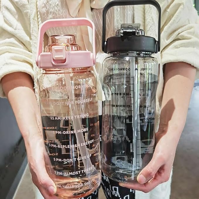Large Capacity 2L Sports Water Bottle with Straw, Portable and Leakproof, Featuring Time Marker-Pk