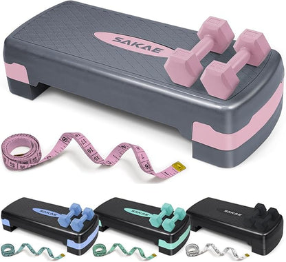 SAKAE Step Aerobics Platform Set with Dumbbells & Measuring Tape, Aerobic Steppers for Exercise at Home, Adjustable Height 2 Level Risers Workout Step Trainer with Non-Slip Surface, Multiple Colors