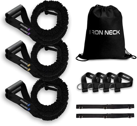 Iron Neck Shoulder Resistance Band System – 3 Level Rehab & Performance Kit with Door Belts & Anchors – 5lb, 10lb, 25lb Bands – Shoulder Pain Relief, PT, Strength Training – Home & Gym Use