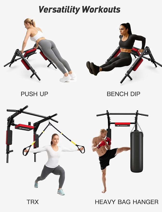CRYSTAL FIT Multifunctional Wall Mounted Pull Up Bar, Chin Up Bar and Dip Station, Heavy Duty Steel Supports to 440 Lbs, Home Gym Workout Indoor Power Tower Set Training Equipment Fitness