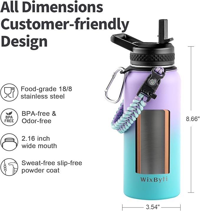 32 oz Insulated Water Bottle with Straw, Stainless Steel Triple Wall Vacuum Sports Water Jug, Leakproof Hydro Cup Flask with Paracord Handle & Straw Spout Lids & DIY Stickers