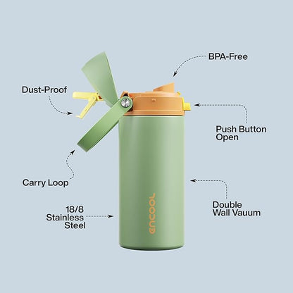 Insulated Water Bottle with Straw - Encool Stainless Steel Water Bottle with Push Button Lid, Leak-Proof & BPA-Free, Keeps Cold for 24 Hours for Sports, Travel, Gym (18 oz, Lichen-Yellow)