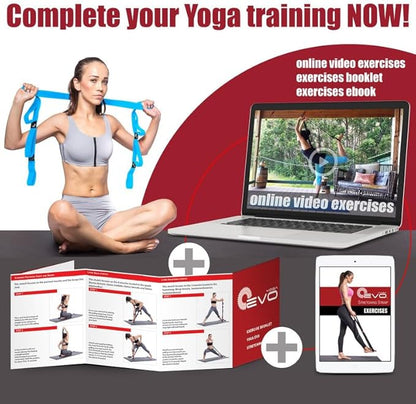 YOGA-EVO Elastic Stretching Strap with 10 Loops Premium Cotton Yoga Strap for Flexibility, Physical Therapy & Muscle Activation Includes Comprehensive HD Video Training & Digital Guide Latex-Free