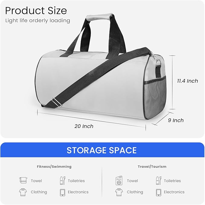 C&F BOGMOST Small Gym Bag for Women & Men,Small Lightweight Duffel Bag Carry On Bags Mini Duffel Travel Bag Waterproof Sports Bags for Workout/Sport/Travel, Grey,Large