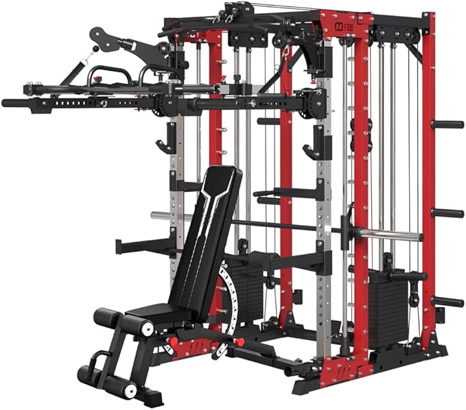 FAGUS Commercial Smithe Machine with Dual Weight Stacks, Power Cage Squat Rack with Lever Arm & Leg Press Attachment, Multi-Function Linear Bearing Cable Crossover Machine for Home Gym