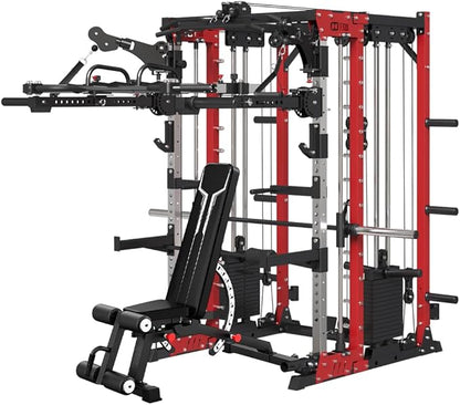 FAGUS Commercial Smithe Machine with Dual Weight Stacks, Power Cage Squat Rack with Lever Arm & Leg Press Attachment, Multi-Function Linear Bearing Cable Crossover Machine for Home Gym