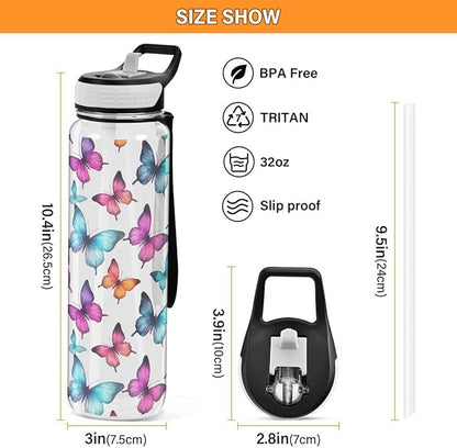 ALAZA Funny Butterfly Sports Water Bottle with Straw Tritan Drink Bottle 32 oz BPA Free Reusable for Travel Outdoor Fitness