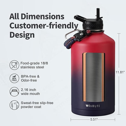 One Gallon Water Bottle Insulated, Triple Wall Vacuum Cold for 48 Hrs & Leak-proof & Non-BPA, 128oz Christmas Stainless Steel Gifts Water Jug with Paracord Handle Straw Spout Lids