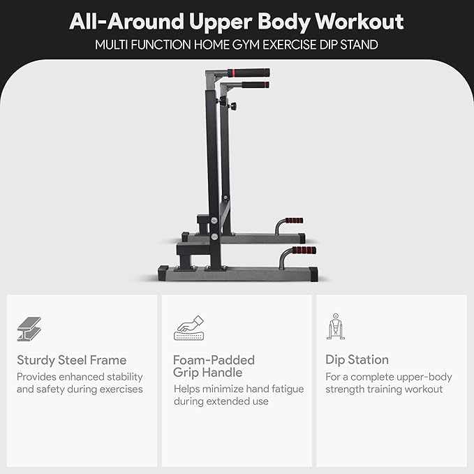 BalanceFrom Steel Frame Dip Station with Adjustable Height, 500 Pound Weight Capacity – Upper Body Workout Home Gym Equipment for Triceps, Push & Pull Ups, Leg Raises, and Bench Press
