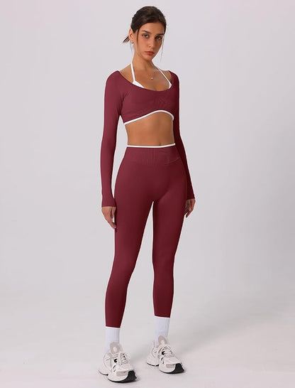 ABOCIW Workout Sets for Women Long Sleeve Crop Top Scrunch Butt Lifting High Waist Leggings 2 Piece Gym Yoga Outfits