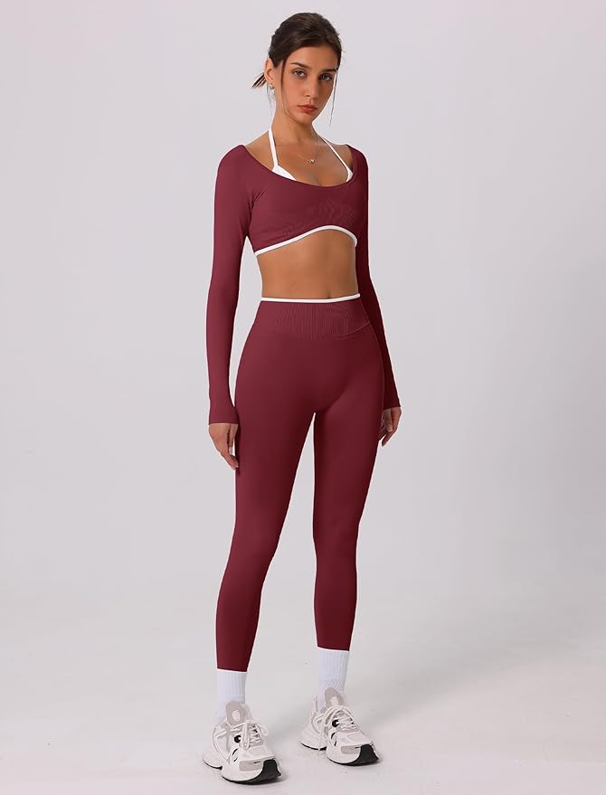ABOCIW Workout Sets for Women Long Sleeve Crop Top Scrunch Butt Lifting High Waist Leggings 2 Piece Gym Yoga Outfits
