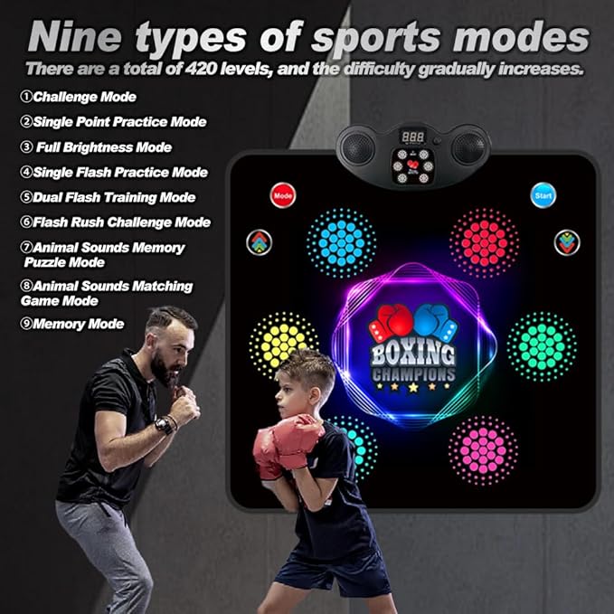 2025 Kids Musical Boxing Machine Comes with Boxing Gloves, 9 Modes, 420 Levels, 7 Lights, wall-Mounted Dual-Purpose, Memory and Reaction Training Equipment Christmas Birthday Gift for Kids