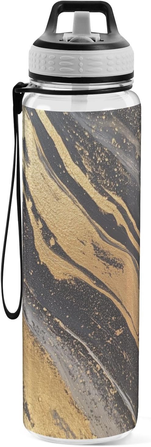 Fustylead Gold with Black Background Paint Stripes 32 oz Water Bottle with Straw, Leakproof Clear Sport Bottles for Women Men Outdoor Sport Drinking