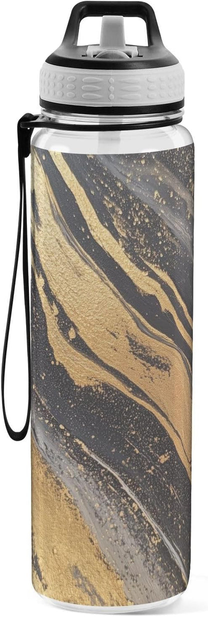 Fustylead Gold with Black Background Paint Stripes 32 oz Water Bottle with Straw, Leakproof Clear Sport Bottles for Women Men Outdoor Sport Drinking