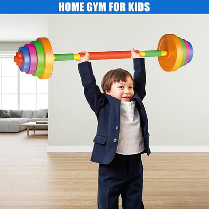 Kids Exercise Weight Set, Barbell and Dumbbell Workout Equipment, Toddler Beginner Gym Toy for Pretend Play Lifting Exercise & Fitness, Adjustable Fill with Sand or Water