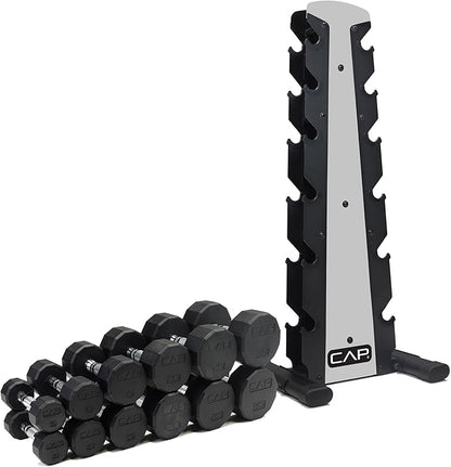 CAP Barbell Rubber Coated Dumbbell Weight Set with Vertical Rack | 100 lb, 150 lb, and 210 lb Options