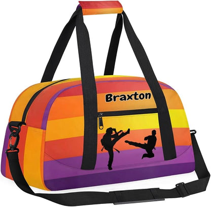 Personalized Sports Duffel Bag with Name Boys, Overnight Workout Training Bags Cheerleaders Bag Personalized Gym Bag Weekender Bags, Martial Arts Silhouette Colorful Stripes