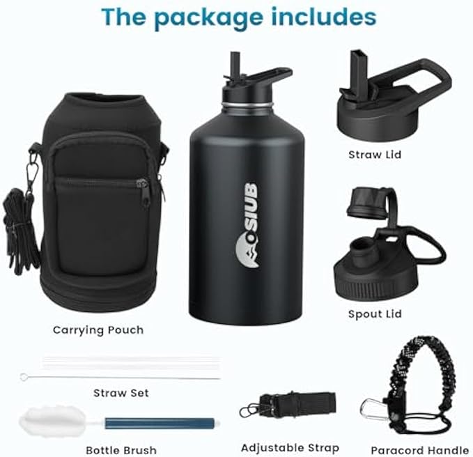 Insulated Water Bottle 40 oz, Triple Wall Vacuum Stainless Steel(Cold for 48 Hrs),Leak Proof & BPA-Free,Half Gallon Water Bottle with Reflective Paracord & Flip Straw for Sports & Travel, Black