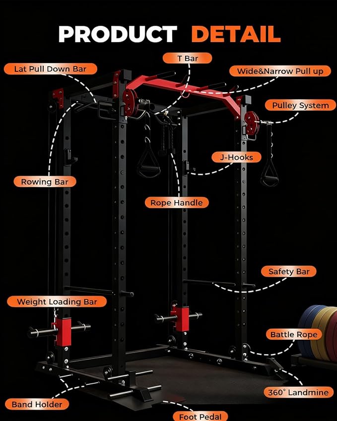 Power Cage, All-in-1 Home Gym with LAT Pulldown & Cable System, 2000LBS Squat Rack for Home & Garage & Apartment Use, Workout Cage with More Attachments